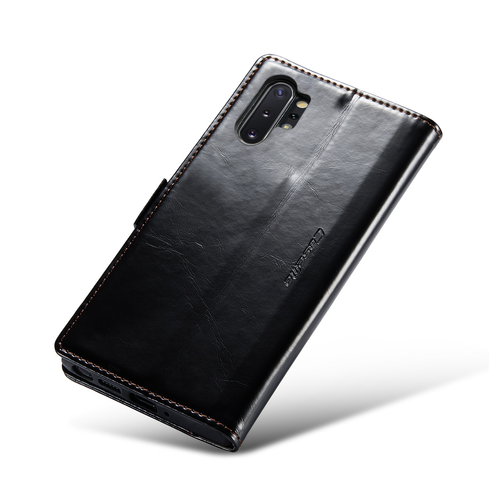 Husa pentru Samsung Galaxy Note 10 Plus, CaseMe, slim, piele fina, tip portofel, stand, inchidere magnetica, suport moale TPU, Negru