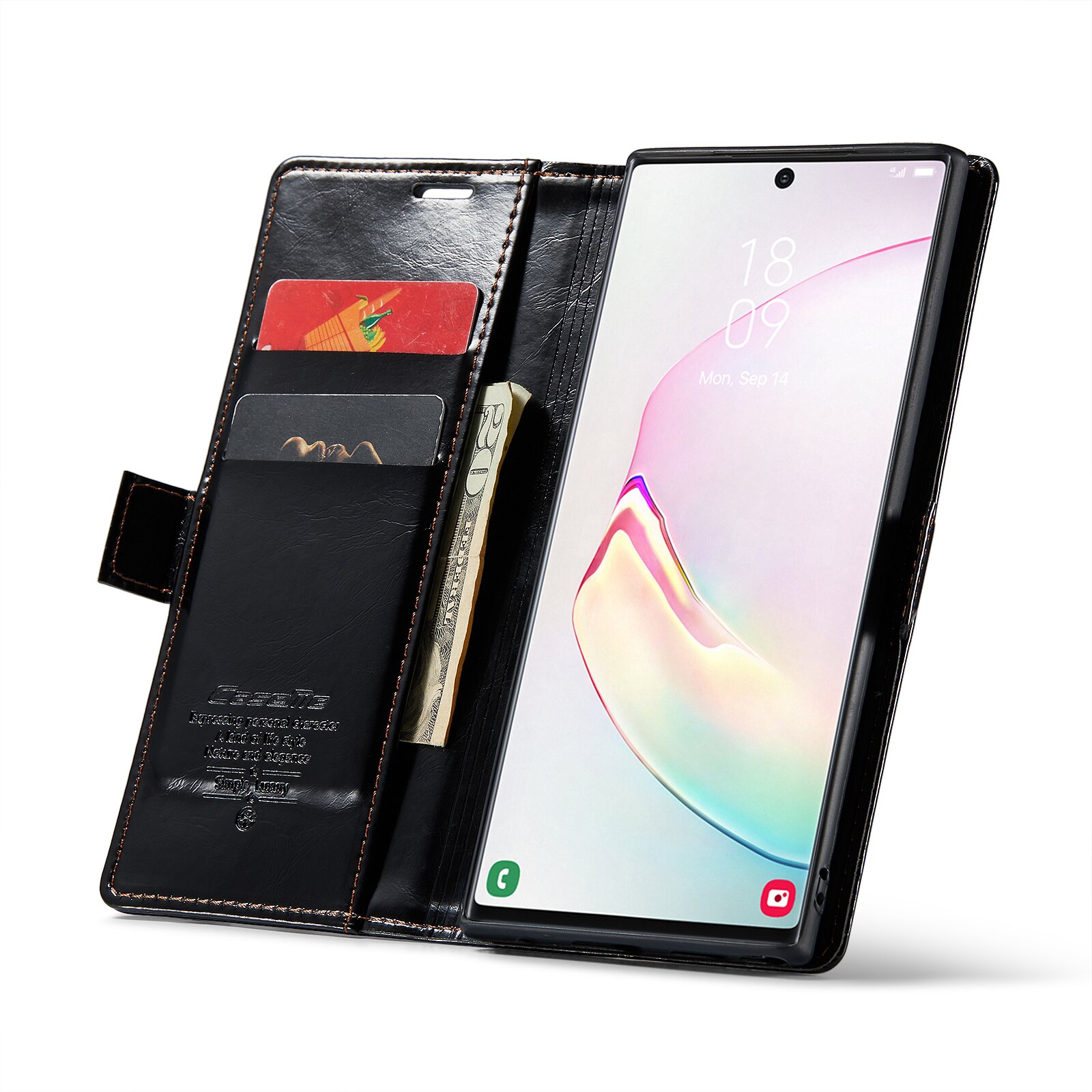 Husa pentru Samsung Galaxy Note 10 Plus, CaseMe, slim, piele fina, tip portofel, stand, inchidere magnetica, suport moale TPU, Negru