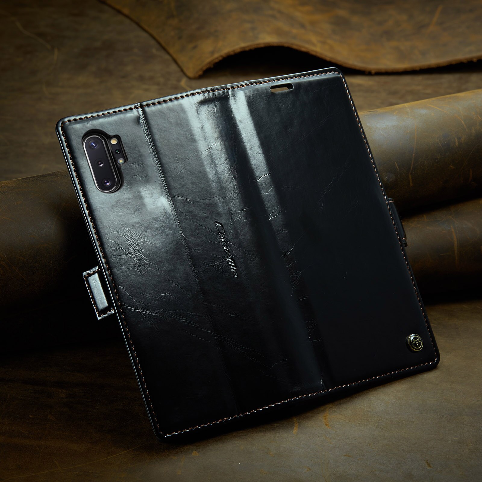 Husa pentru Samsung Galaxy Note 10 Plus, CaseMe, slim, piele fina, tip portofel, stand, inchidere magnetica, suport moale TPU, Negru