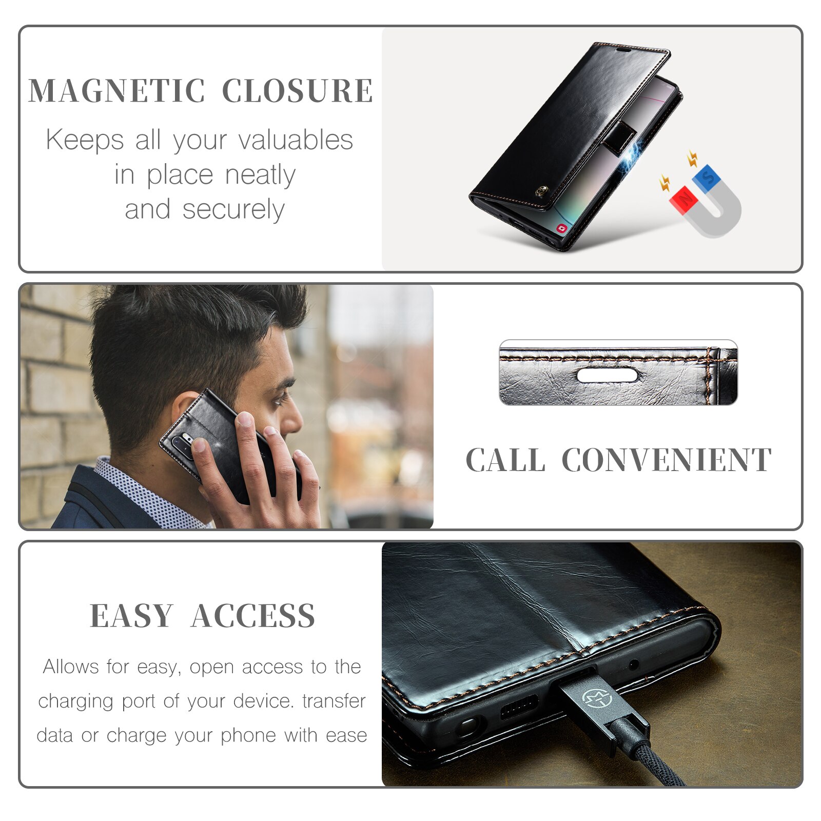 Husa pentru Samsung Galaxy Note 10 Plus, CaseMe, slim, piele fina, tip portofel, stand, inchidere magnetica, suport moale TPU, Negru
