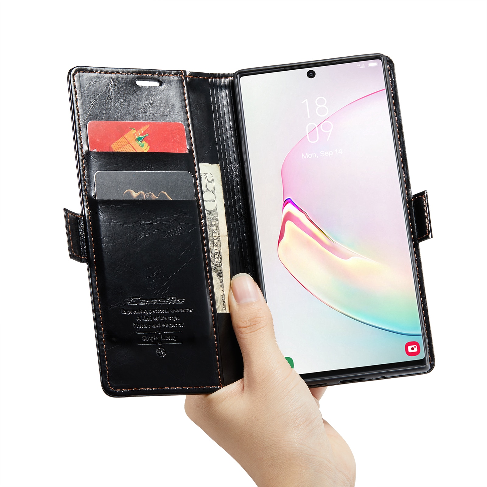 Husa pentru Samsung Galaxy Note 10 Plus, CaseMe, slim, piele fina, tip portofel, stand, inchidere magnetica, suport moale TPU, Negru