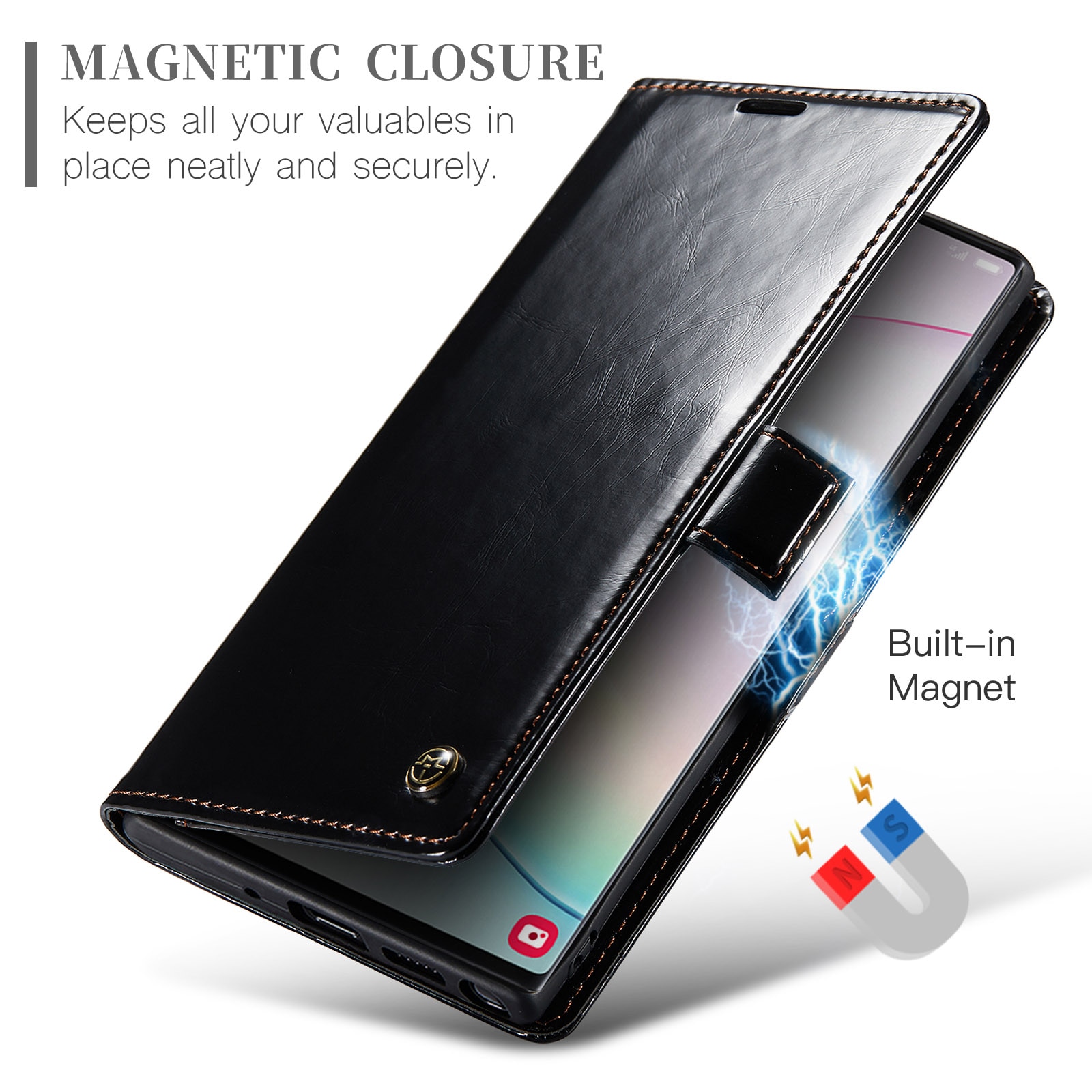 Husa pentru Samsung Galaxy Note 10 Plus, CaseMe, slim, piele fina, tip portofel, stand, inchidere magnetica, suport moale TPU, Negru
