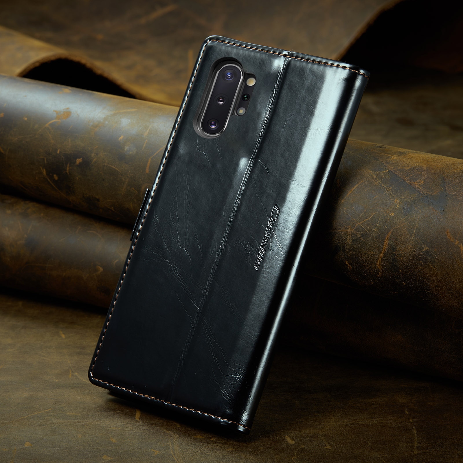 Husa pentru Samsung Galaxy Note 10 Plus, CaseMe, slim, piele fina, tip portofel, stand, inchidere magnetica, suport moale TPU, Negru