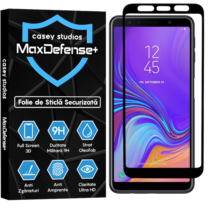 Folie Sticla CASEY STUDIOS™ compatibila cu Samsung Galaxy A7 2018, Full Cover 3D, Full Glue, Duritate Militara, Ultra HD, Protectie Profesionala Ecran 3D, Anti Zgarieturi, Anti Socuri, Margini Negre