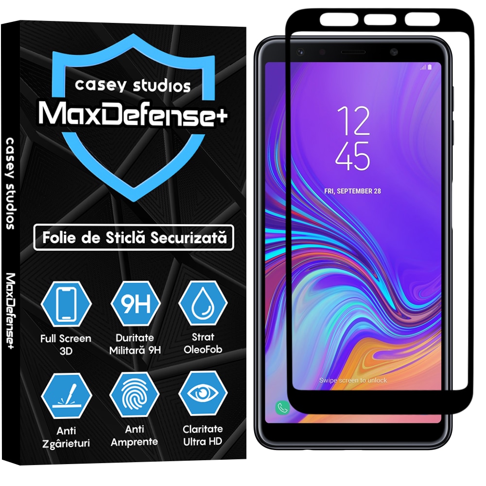 Folie Sticla CASEY STUDIOS™ compatibila cu Samsung Galaxy A7 2018, Full Cover 3D, Full Glue, Duritate Militara, Ultra HD, Protectie Profesionala Ecran 3D, Anti Zgarieturi, Anti Socuri, Margini Negre