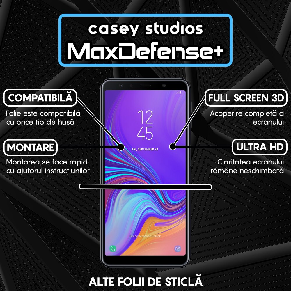Folie Sticla CASEY STUDIOS™ compatibila cu Samsung Galaxy A7 2018, Full Cover 3D, Full Glue, Duritate Militara, Ultra HD, Protectie Profesionala Ecran 3D, Anti Zgarieturi, Anti Socuri, Margini Negre