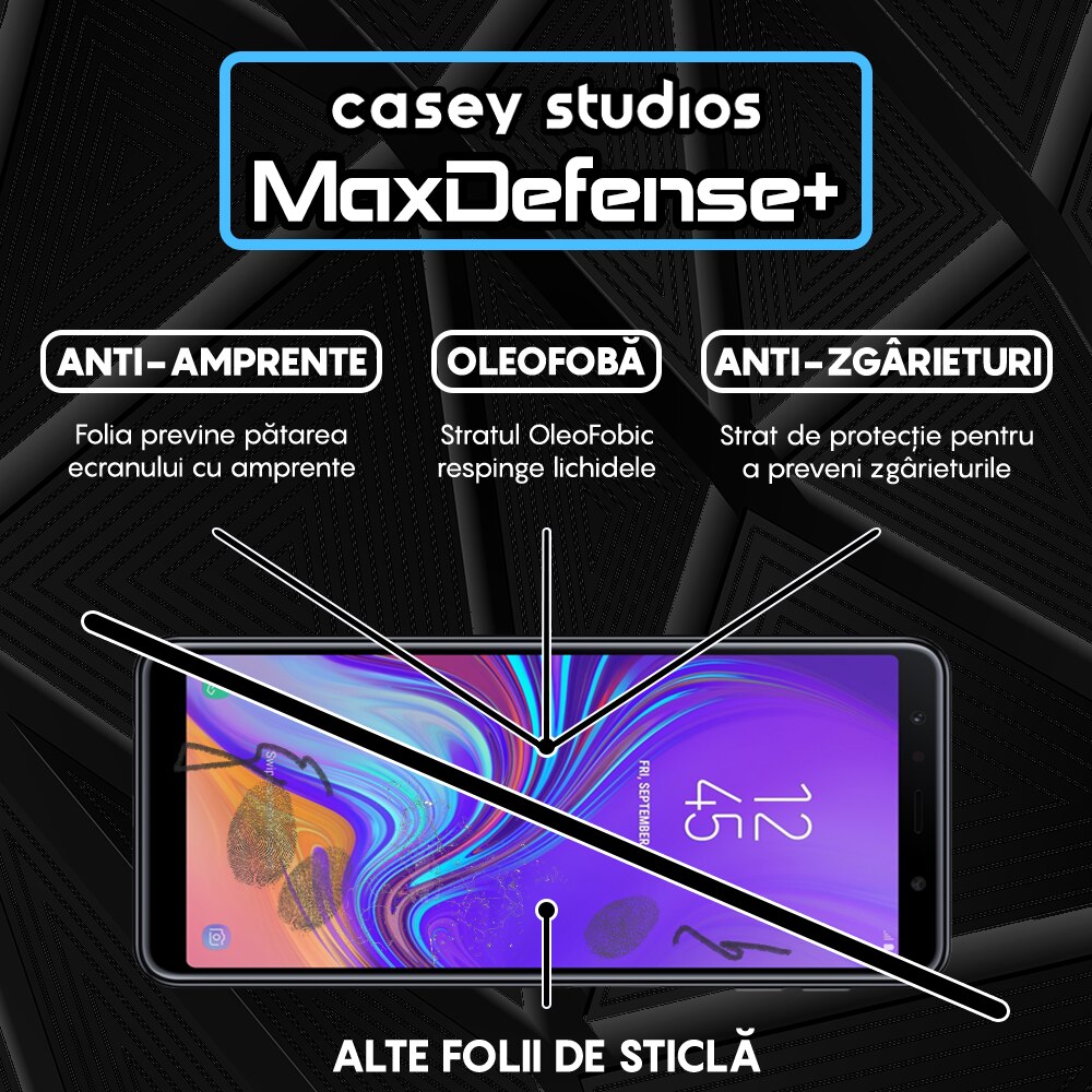 Folie Sticla CASEY STUDIOS™ compatibila cu Samsung Galaxy A7 2018, Full Cover 3D, Full Glue, Duritate Militara, Ultra HD, Protectie Profesionala Ecran 3D, Anti Zgarieturi, Anti Socuri, Margini Negre