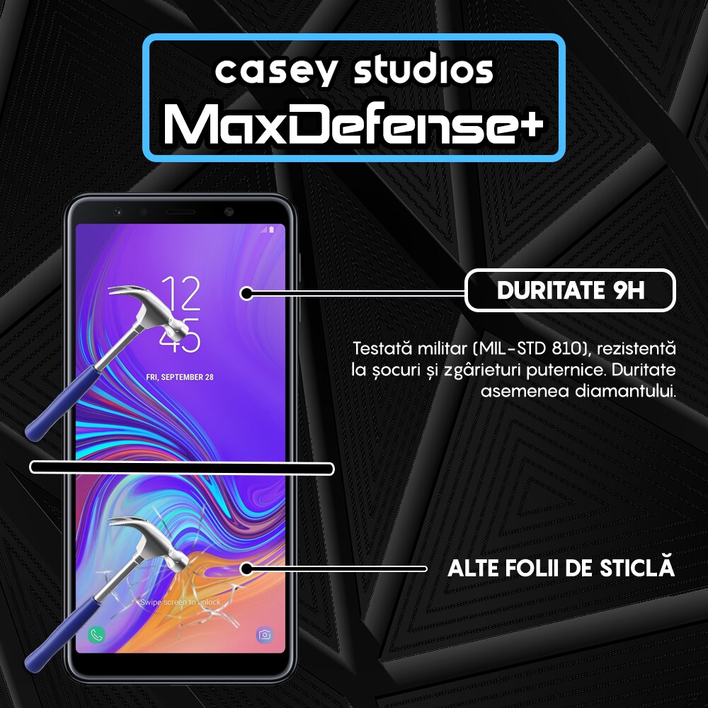 Folie Sticla CASEY STUDIOS™ compatibila cu Samsung Galaxy A7 2018, Full Cover 3D, Full Glue, Duritate Militara, Ultra HD, Protectie Profesionala Ecran 3D, Anti Zgarieturi, Anti Socuri, Margini Negre