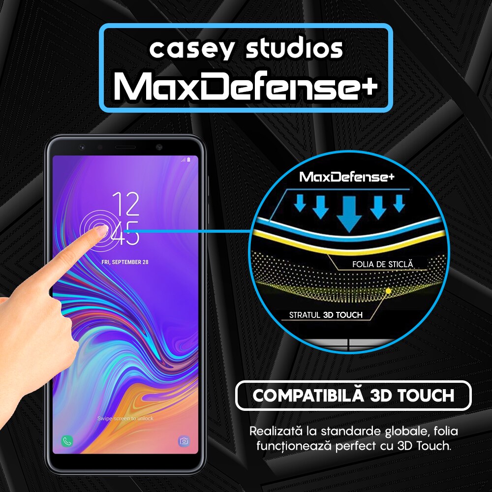 Folie Sticla CASEY STUDIOS™ compatibila cu Samsung Galaxy A7 2018, Full Cover 3D, Full Glue, Duritate Militara, Ultra HD, Protectie Profesionala Ecran 3D, Anti Zgarieturi, Anti Socuri, Margini Negre