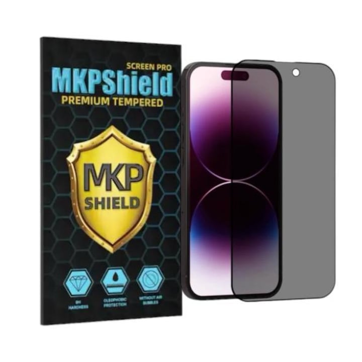 Folie Protectie Privacy Sticla securizata Mkpshield, compatibila iPhone 14 Pro, Full Glue, Ultra HD