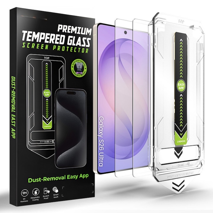 Folie de protectie pentru Samsung Galaxy S26 Ultra Comari® CrystalTouch, compatibila cu senzor de amprenta, sticla securizata 9H, claritate HD, set 2 bucati, transparenta