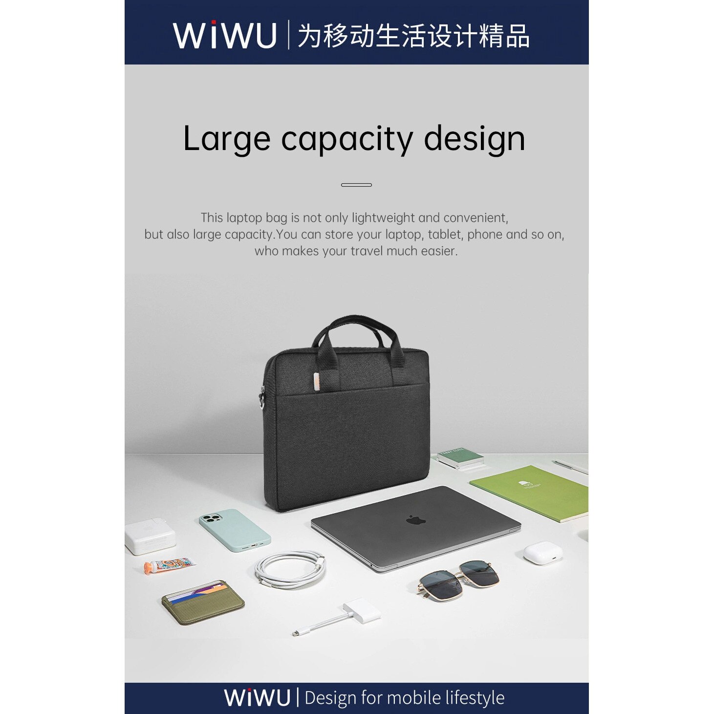Geanta laptop WIWU Minimalist Pro 2, 15.6", neagra, cu compartimente suplimentare