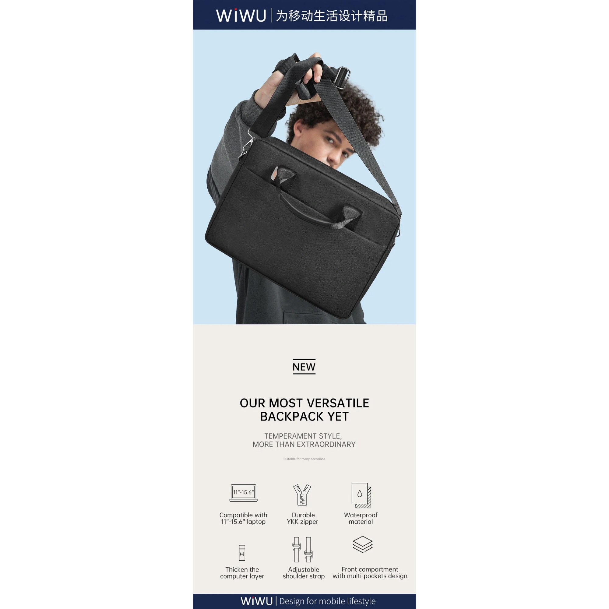 Geanta laptop WIWU Minimalist Pro 2, 15.6", neagra, cu compartimente suplimentare