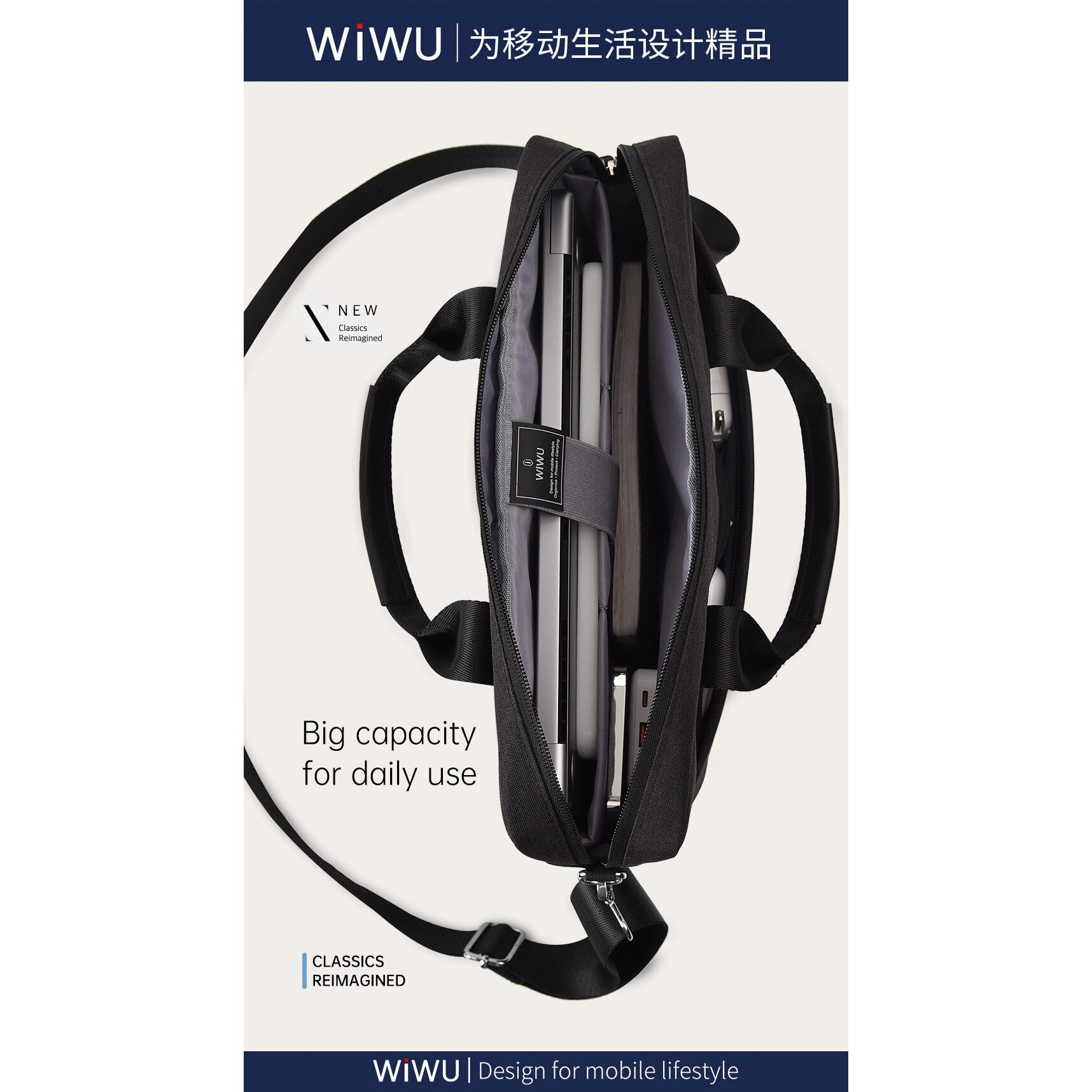 Geanta laptop WIWU Minimalist Pro 2, 15.6", neagra, cu compartimente suplimentare