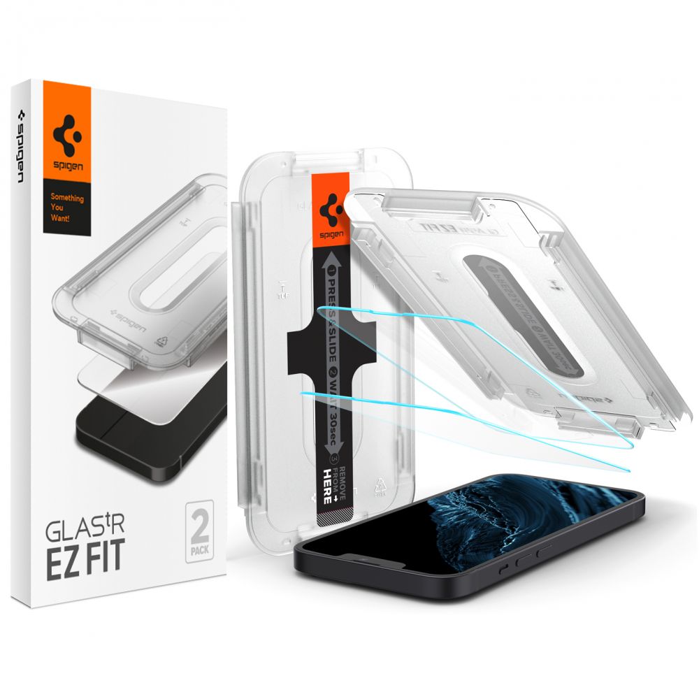 Folie sticla cu sistem de montare Case friendly Spigen GLAS.tR EZ FIT compatibila cu iPhone 13 Mini 2-Pack