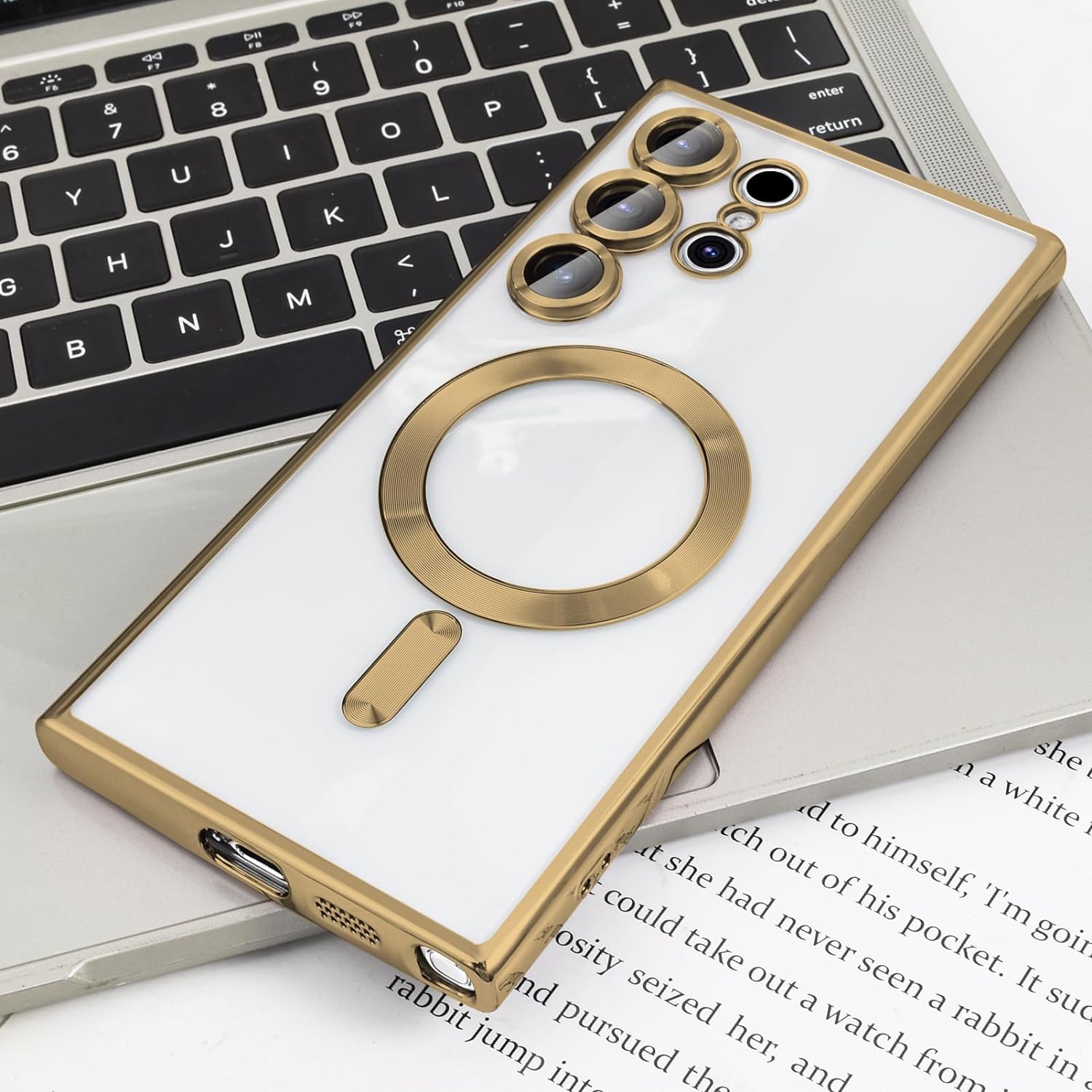 Husa pentru Samsung Galaxy S25 Ultra DaDen® MagSafe Luxury compatibil cu protectie camera, Ultra Protectie, Transparent cu margini aurii