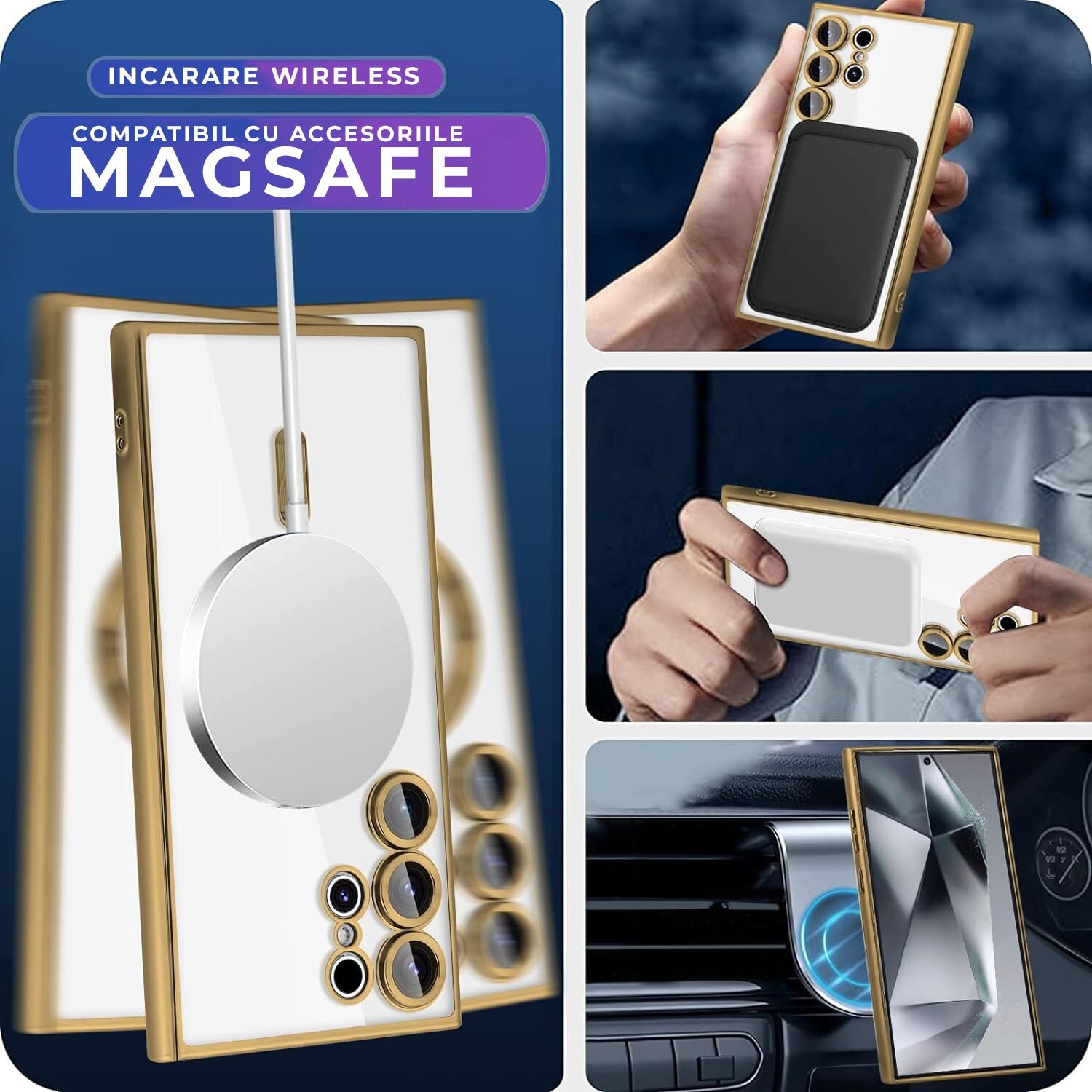 Husa pentru Samsung Galaxy S25 Ultra DaDen® MagSafe Luxury compatibil cu protectie camera, Ultra Protectie, Transparent cu margini aurii