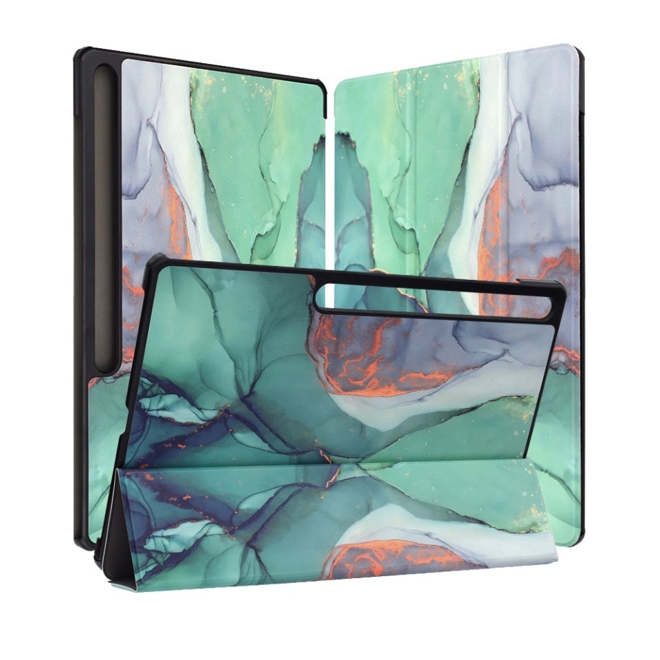 Husa tableta pentru Samsung Galaxy Tab S10 FE Plus, SKYDDAR INNOVATION, cu suport Multi-Unghi si functie Sleep/Wake, FoldPro, Green time, set cu sticker