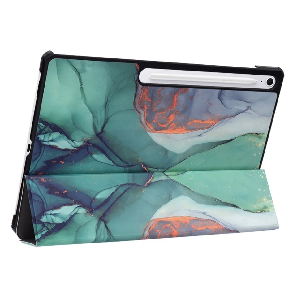 Husa tableta pentru Samsung Galaxy Tab S10 FE Plus, SKYDDAR INNOVATION, cu suport Multi-Unghi si functie Sleep/Wake, FoldPro, Green time, set cu sticker