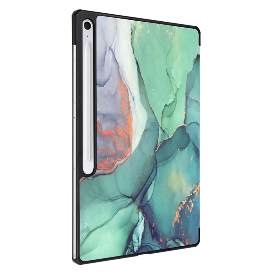 Husa tableta pentru Samsung Galaxy Tab S10 FE Plus, SKYDDAR INNOVATION, cu suport Multi-Unghi si functie Sleep/Wake, FoldPro, Green time, set cu sticker