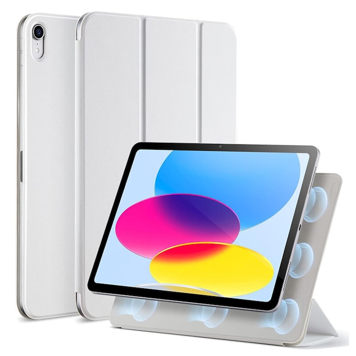 Husa de protectie flip cover pentru tableta, compatibila cu Apple iPad 10 2022, 10.9", Rebound Magnetic, fixare magnetica, piele ecologica, Alb