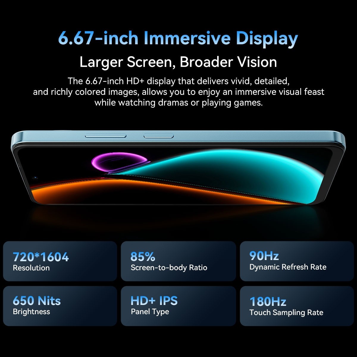 Telefon mobil Blackview COLOR 6, Smartphone, 4G, 24GB Ram(8GB + 16GB extensibili), 128GB, 8 nuclee, 6.67'' HD+, 50MP+8MP+QVGA, Android 15, 5000w, 18w, MT6769V/CB, Deblocare amprenta, Albastru