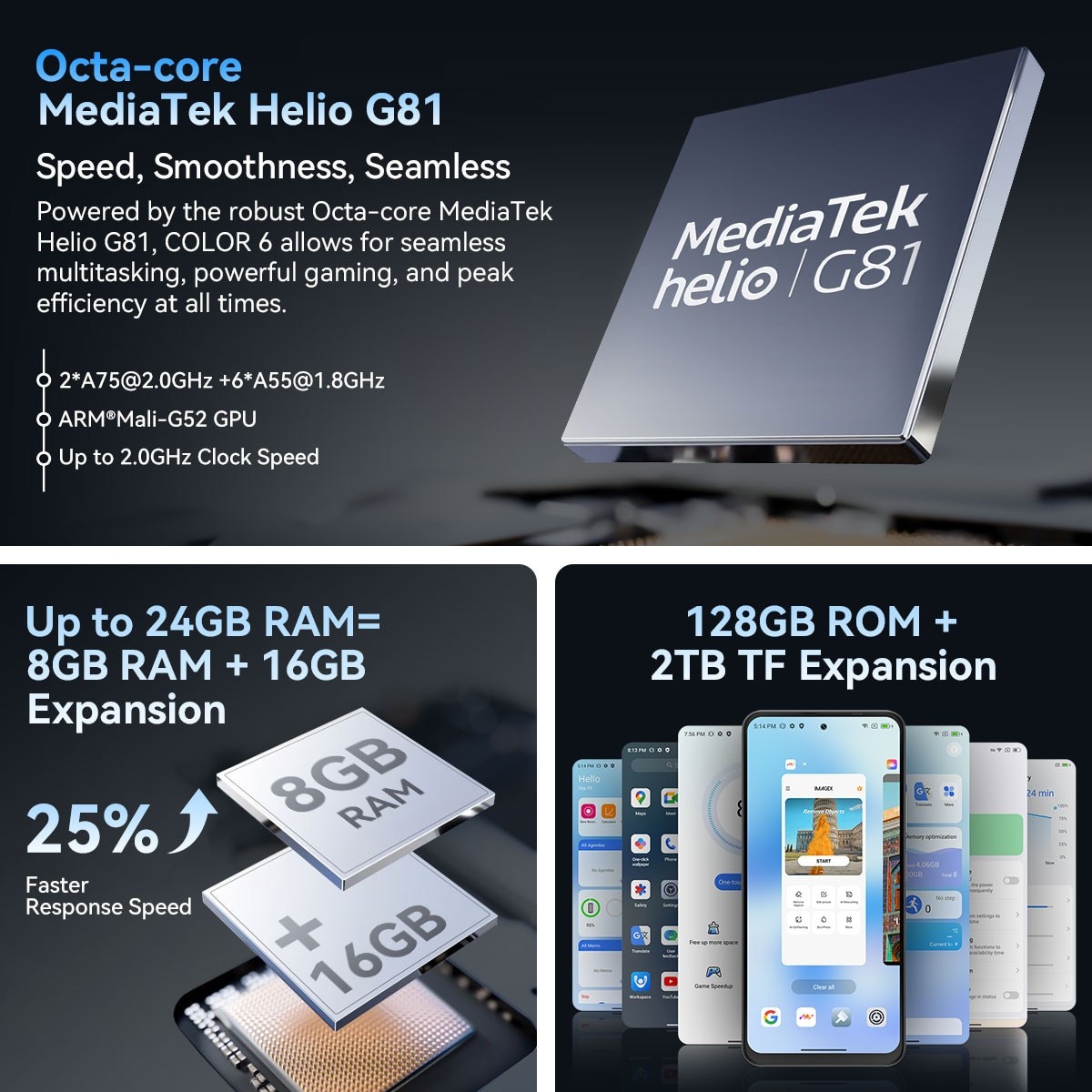 Telefon mobil Blackview COLOR 6, Smartphone, 4G, 24GB Ram(8GB + 16GB extensibili), 128GB, 8 nuclee, 6.67'' HD+, 50MP+8MP+QVGA, Android 15, 5000w, 18w, MT6769V/CB, Deblocare amprenta, Albastru