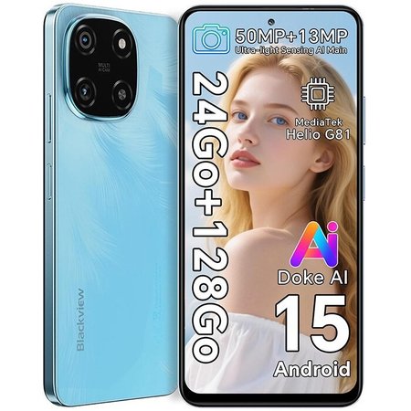 Telefon mobil Blackview COLOR 6, Smartphone, 4G, 24GB Ram(8GB + 16GB extensibili), 128GB, 8 nuclee, 6.67'' HD+, 50MP+8MP+QVGA, Android 15, 5000w, 18w, MT6769V/CB, Deblocare amprenta, Albastru