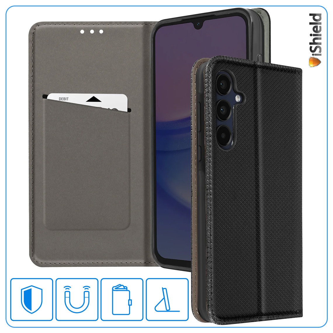 Husa Flip pentru Samsung Galaxy A17, tip carte cu inchidere magnetica, compartiment pentru carduri, functie Stand, Neagra