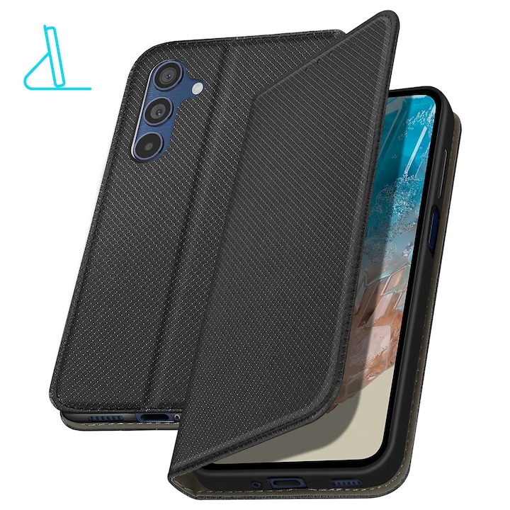 Husa Flip pentru Samsung Galaxy A17, tip carte cu inchidere magnetica, compartiment pentru carduri, functie Stand, Neagra