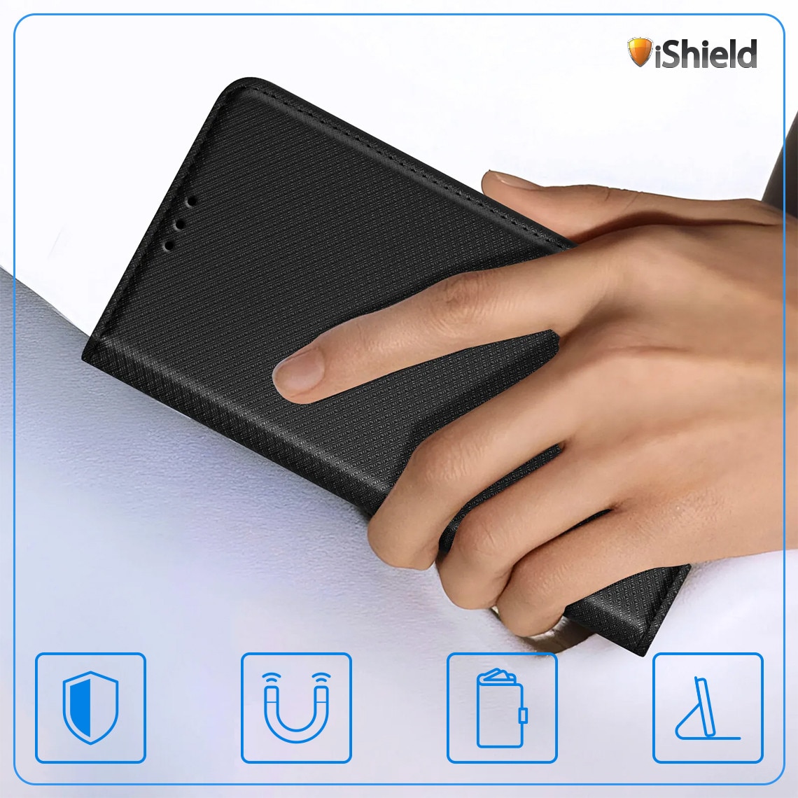 Husa Flip pentru Samsung Galaxy A17, tip carte cu inchidere magnetica, compartiment pentru carduri, functie Stand, Neagra