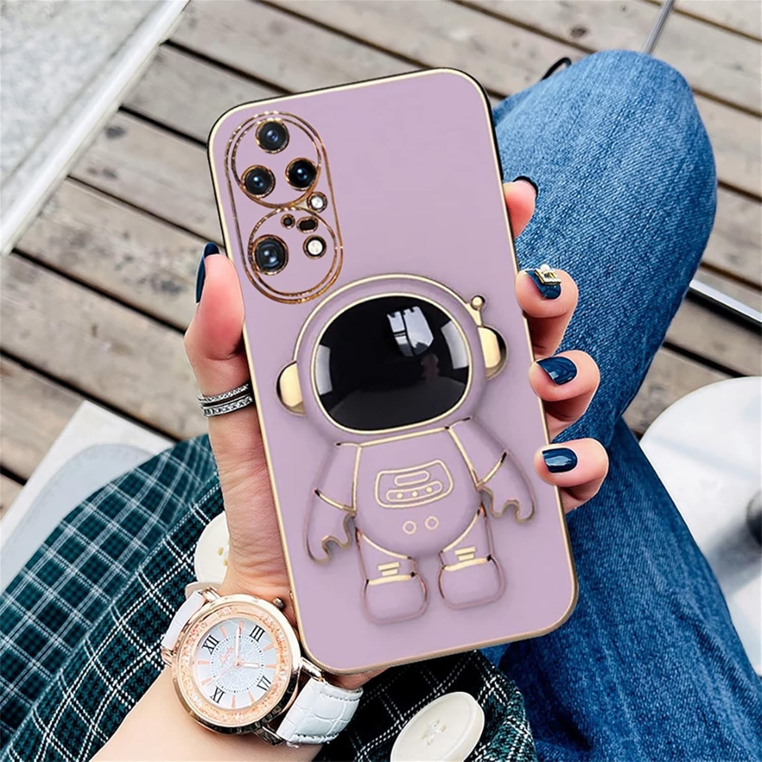 Husa Telefon 2in1, Flippy, Compatibila Huawei P50 Pro, Carcasa TPU cu Suport Inclus Tip Astronaut, Protectie Camere, Mov