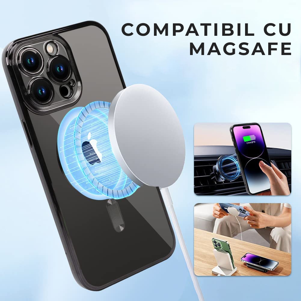 Husa Daden® Magsafe Luxury compatibil Iphone 11 Pro cu protectie camera, Antisoc, Transparent cu margini negre