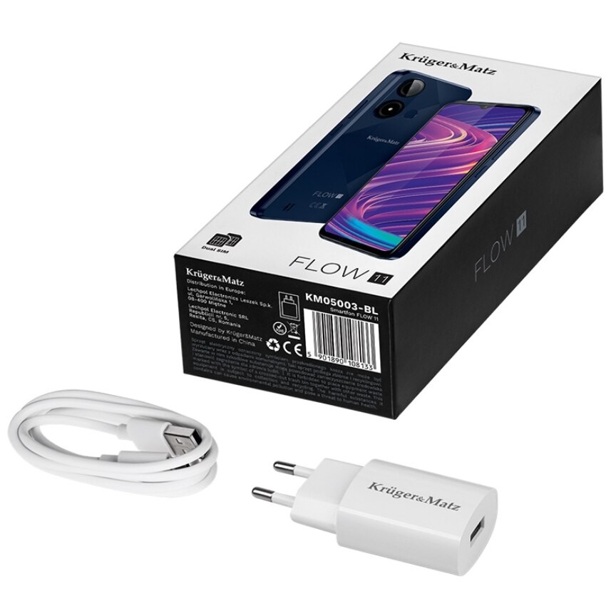 Telefon Mobil Kruger&Matz Flow 11, Procesor Unisoc SC9863A Octa-Core, Ecran IPS 6.56", 4GB RAM, 64GB Flash, Camera 13 MP, Wi-Fi, 4G, Dual SIM, Android Albastru