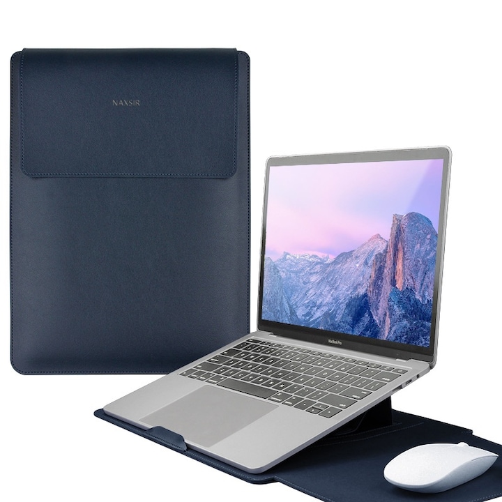 3 in 1 Husa laptop cu foldable stand, NAXSIR, Impermeabil si rezistent la zgarieturi, Velcro, Portabil, Piele PU, 15 inch/16 inch, 28 x 38 cm, Albastru