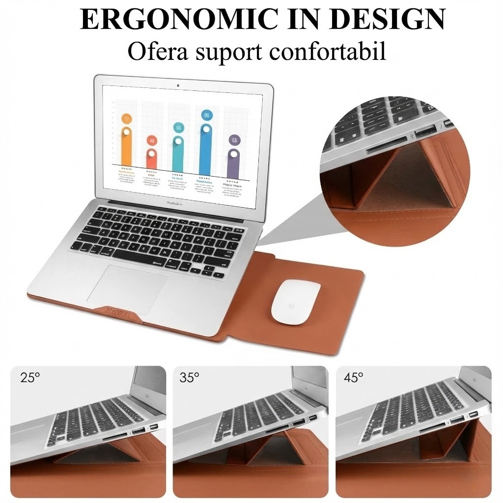 Husa Laptop 13-14 inch compatibila cu MacBook Air, oein®, MacBook Pro, Piele Ecologica, Marime Universala, 25 x 34 cm, Maro