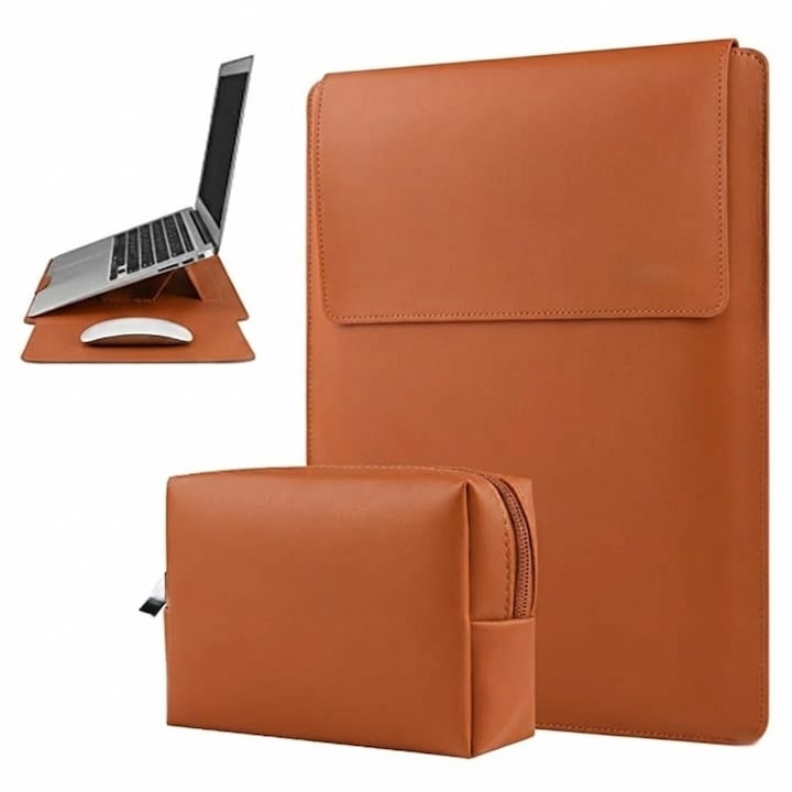 Husa Laptop 13-14 inch compatibila cu MacBook Air, oein®, MacBook Pro, Piele Ecologica, Marime Universala, 25 x 34 cm, Maro