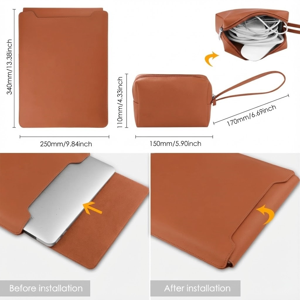 Husa Laptop 13-14 inch compatibila cu MacBook Air, oein®, MacBook Pro, Piele Ecologica, Marime Universala, 25 x 34 cm, Maro
