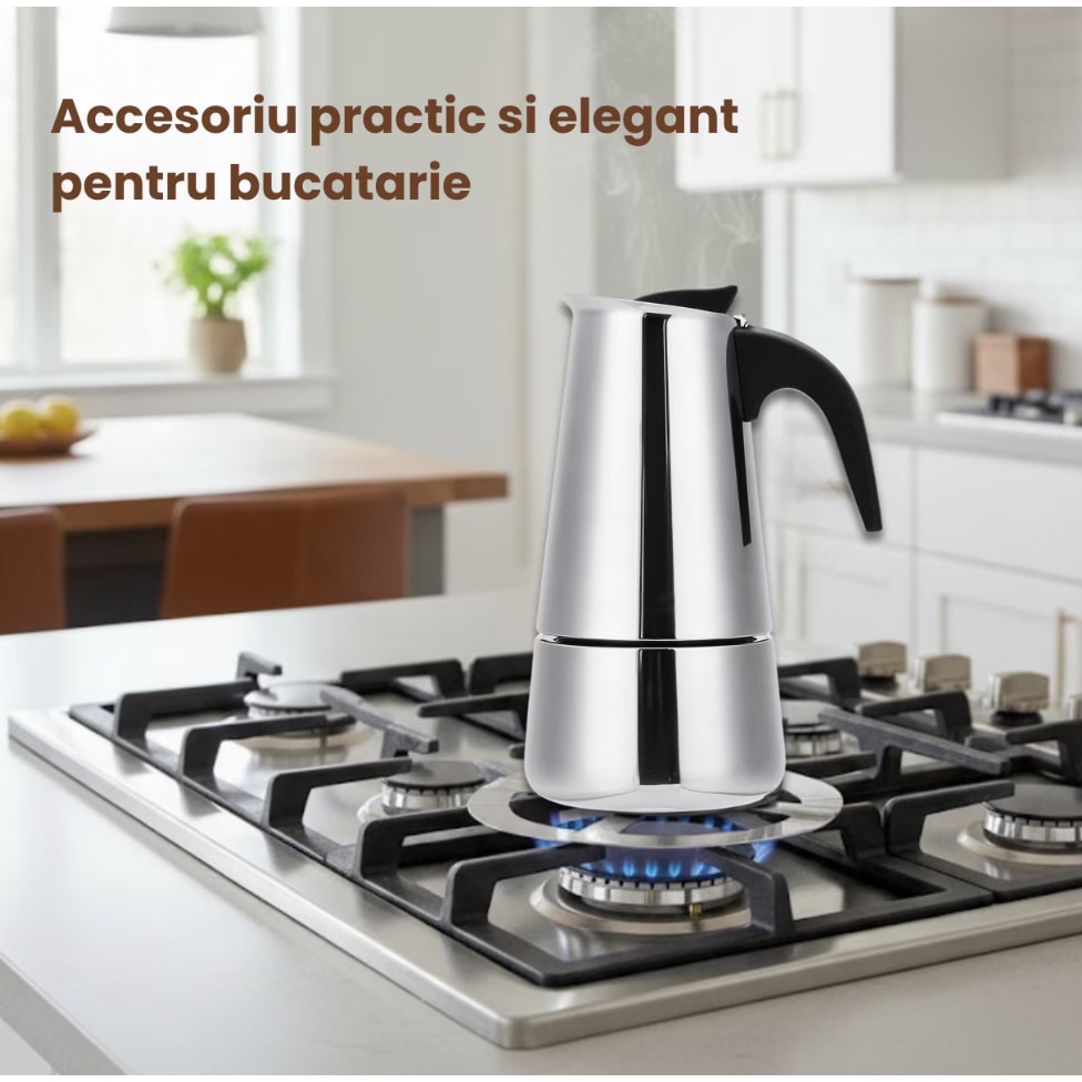 Espressor Manual Tip Moka, Inox Premium, 9 Cesti, 450 ml, Compatibil Inductie, Gaz si Electric