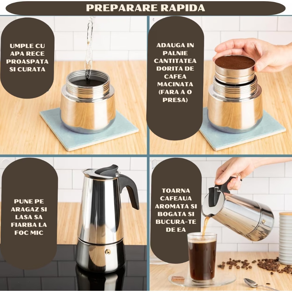 Espressor Manual Tip Moka, Inox Premium, 9 Cesti, 450 ml, Compatibil Inductie, Gaz si Electric