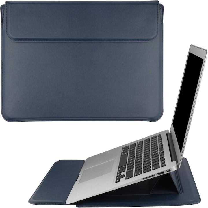 Husa/Carcasa Laptop 13/14 inch, Piele PU Eco, Compatibila MacBook Air 13, MacBook Pro 13/14, Surface Pro/Go, Surface Laptop, Dell XPS 13, ThinkPad X1, Zenbook 14, cu Suport Pliabil, Protectie, Albastru