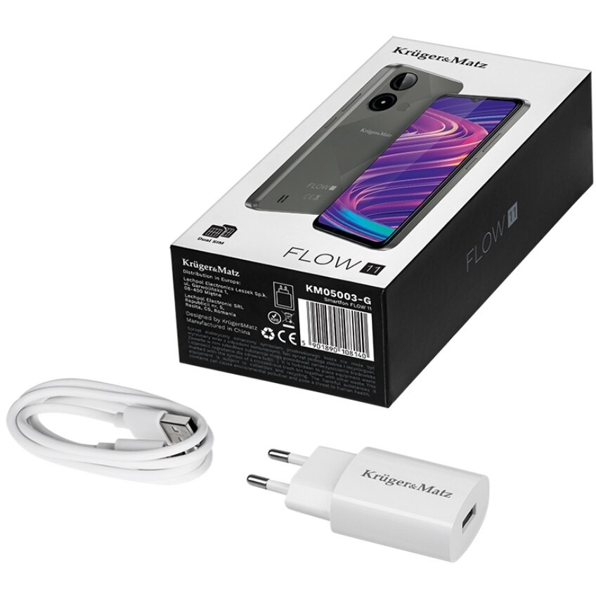 Telefon Mobil Kruger&Matz Flow 11, Procesor Unisoc SC9863A Octa-Core, Ecran IPS 6.56", 4GB RAM, 64GB Flash, Camera 13 MP, Wi-Fi, 4G, Dual SIM, Android Gri