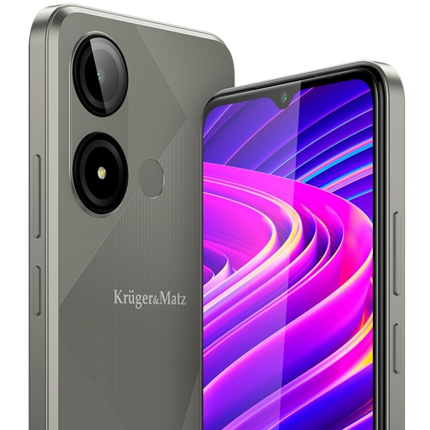 Telefon Mobil Kruger&Matz Flow 11, Procesor Unisoc SC9863A Octa-Core, Ecran IPS 6.56", 4GB RAM, 64GB Flash, Camera 13 MP, Wi-Fi, 4G, Dual SIM, Android Gri