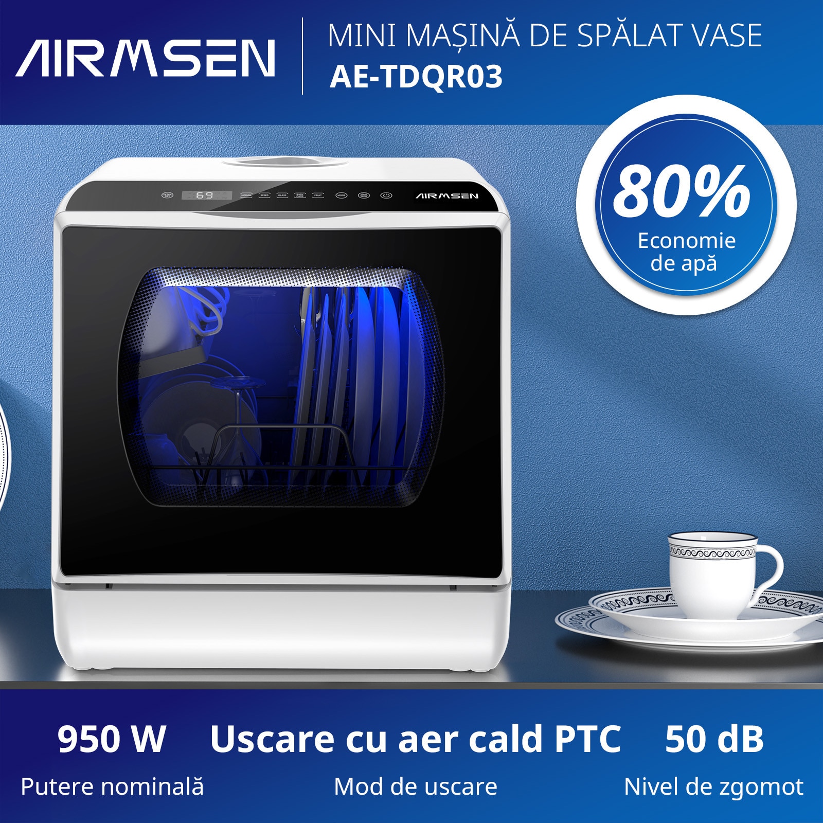 Masina de spalat vase compacta AIRMSEN, Fara instalare, Rezervor 5L, 5+2 Programe, Clasa D, Touch Control, LED, Pentru apartament sau camping, Alb/Negru