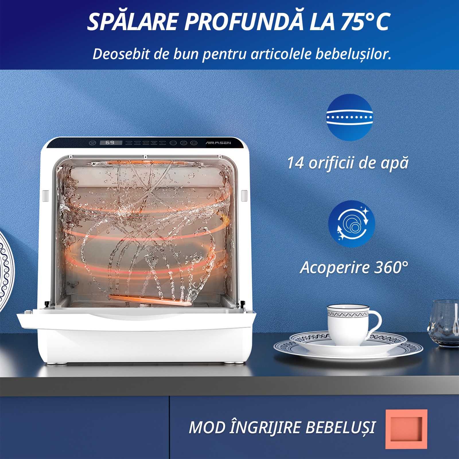 Masina de spalat vase compacta AIRMSEN, Fara instalare, Rezervor 5L, 5+2 Programe, Clasa D, Touch Control, LED, Pentru apartament sau camping, Alb/Negru