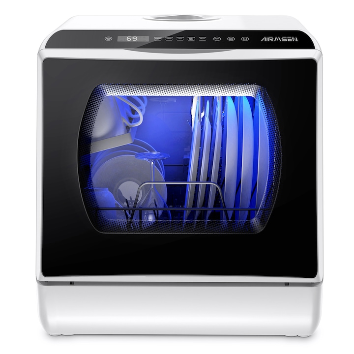 Masina de spalat vase compacta AIRMSEN, Fara instalare, Rezervor 5L, 5+2 Programe, Clasa D, Touch Control, LED, Pentru apartament sau camping, Alb/Negru