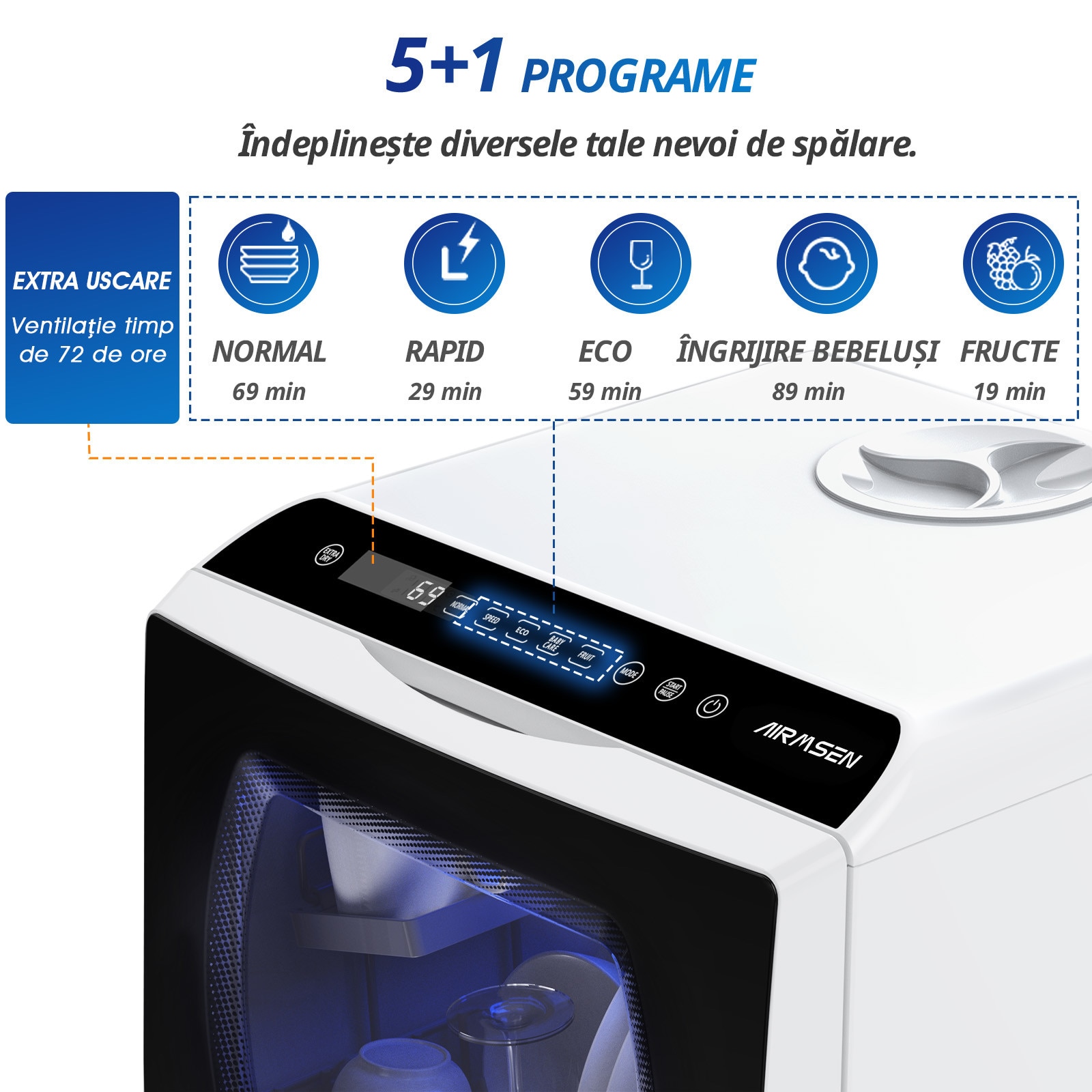 Masina de spalat vase compacta AIRMSEN, Fara instalare, Rezervor 5L, 5+2 Programe, Clasa D, Touch Control, LED, Pentru apartament sau camping, Alb/Negru