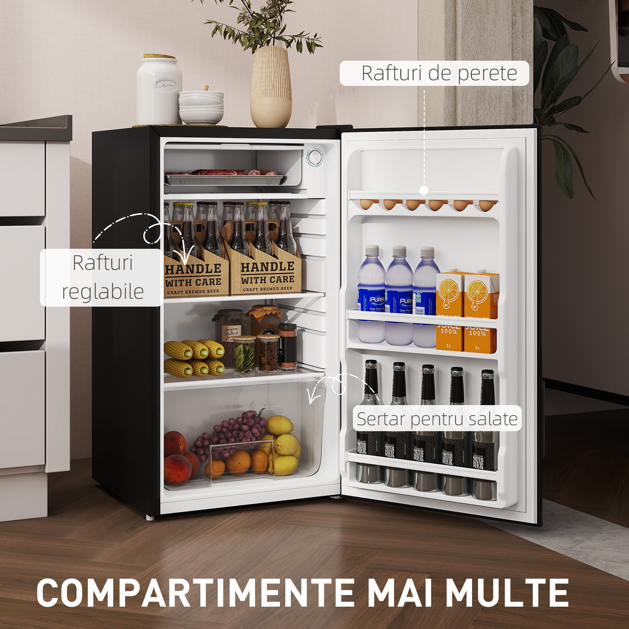 Frigider mic Homcom MonoPorta cu congelator, 91L, negru, 47.5x44.2x84cm