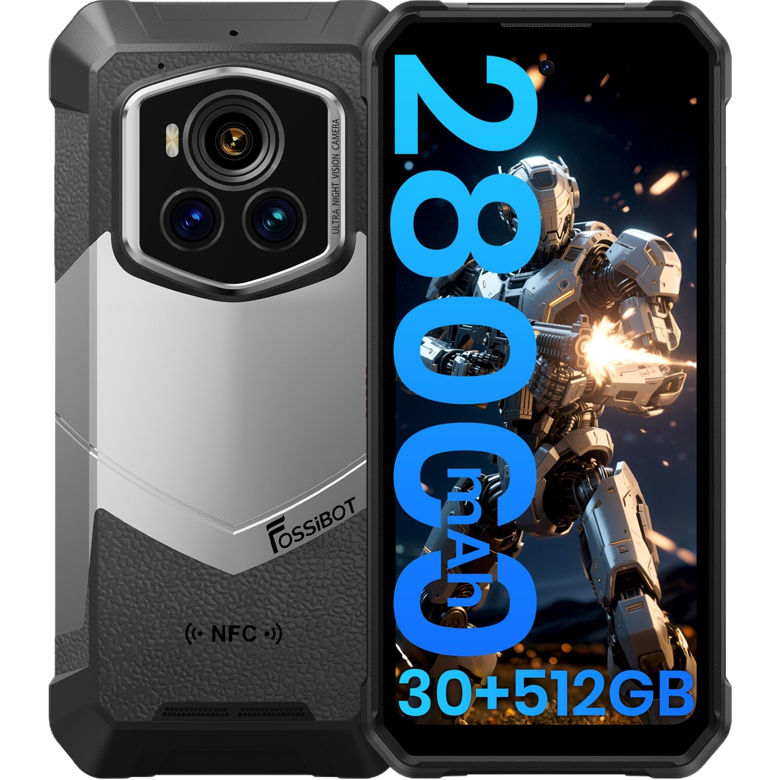 Telefon mobil FOSSIBOT F107 Pro, 5G, Dual SIM, Octa-Core Dimensity 7300, 6.95-inch IPS 120Hz, 30GB RAM, 512GB, GPS, NFC, Flashlight Strong 50m, 28000mAh, IP68/IP69K, Android 15