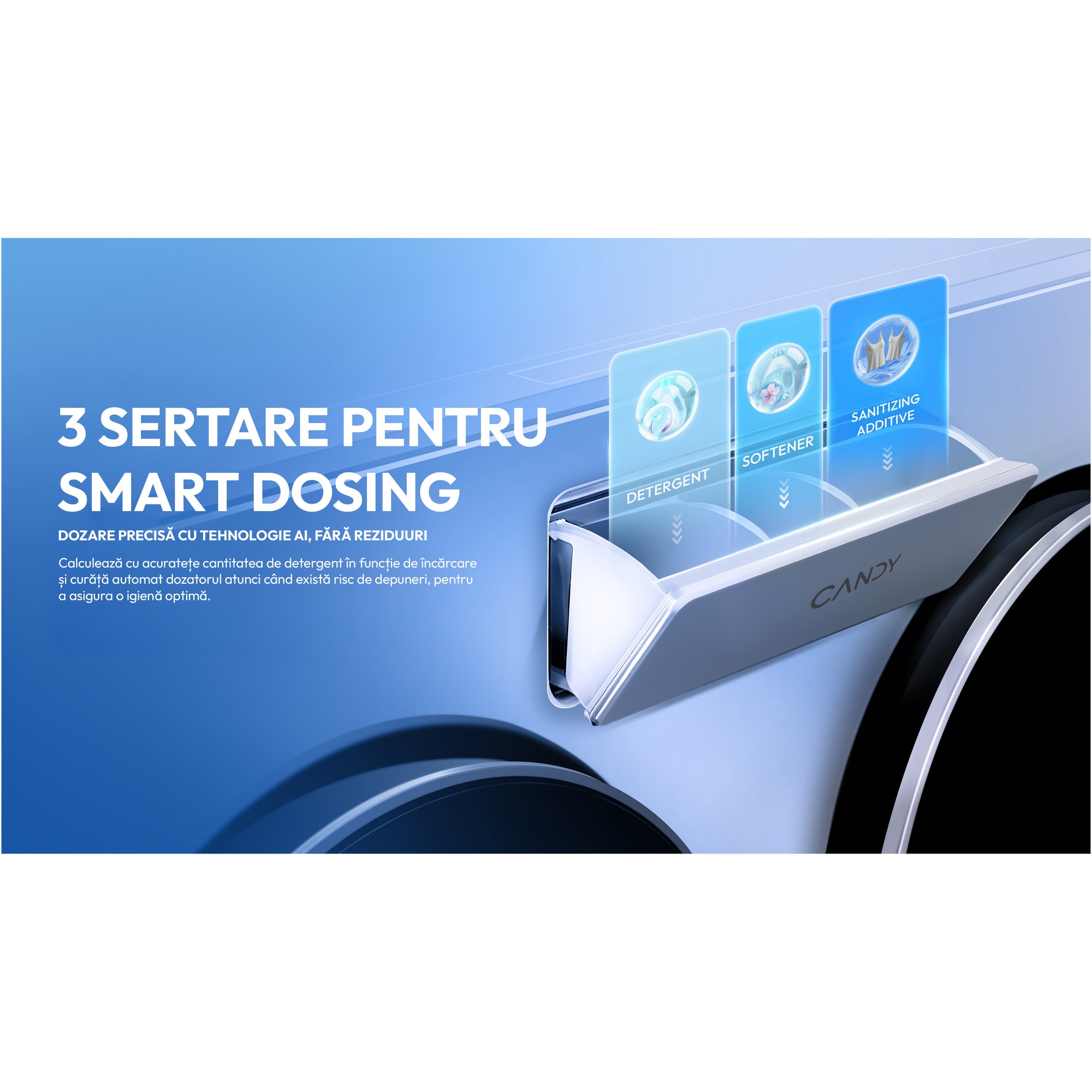 Masina de spalat CANDY MultiWash MQD 410CBL9-PL cu inteligenta artificiala, 3 cuve, 10+1+1kg 1400 RPM, Dozare automata, sterilizare anitimicrobiana UV, dim 107 x 59 x60 cm, alb